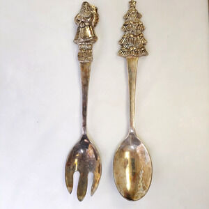 Vintage Salad Serving Set Christmas Tree-Santa Fork-Spoon-1998 Silver Plate